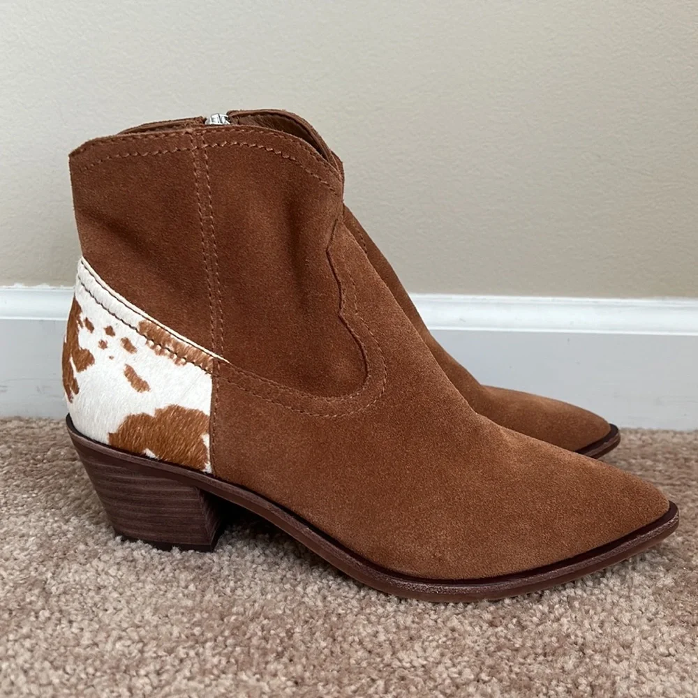 NEW Dolce Vita Senica Brown Suede Leather Cow Print Ankle Boots - Picture 4 of 10